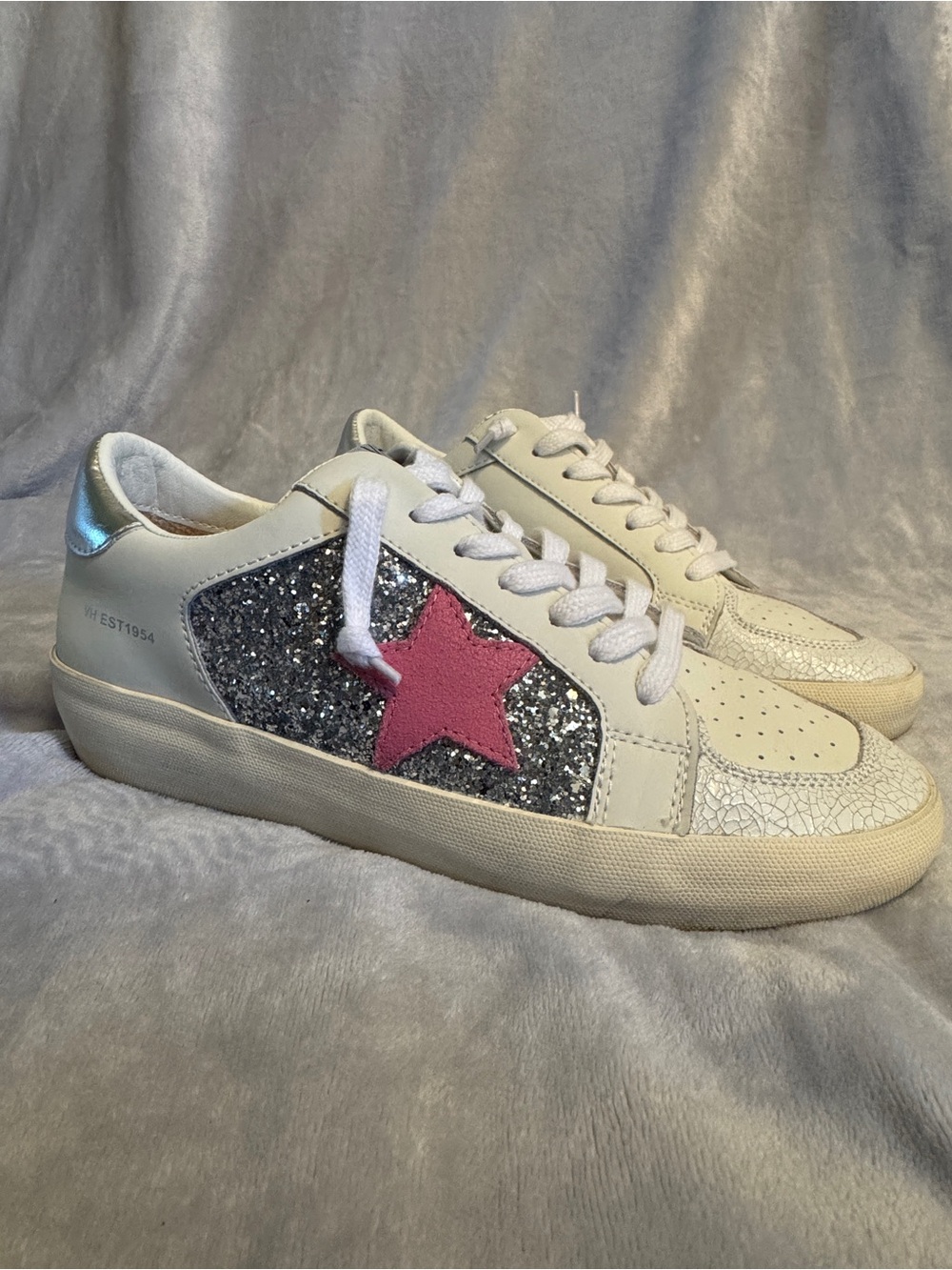 Vintage Havana White Leather Sneakers with Silver Glitter Panel and Pink Star